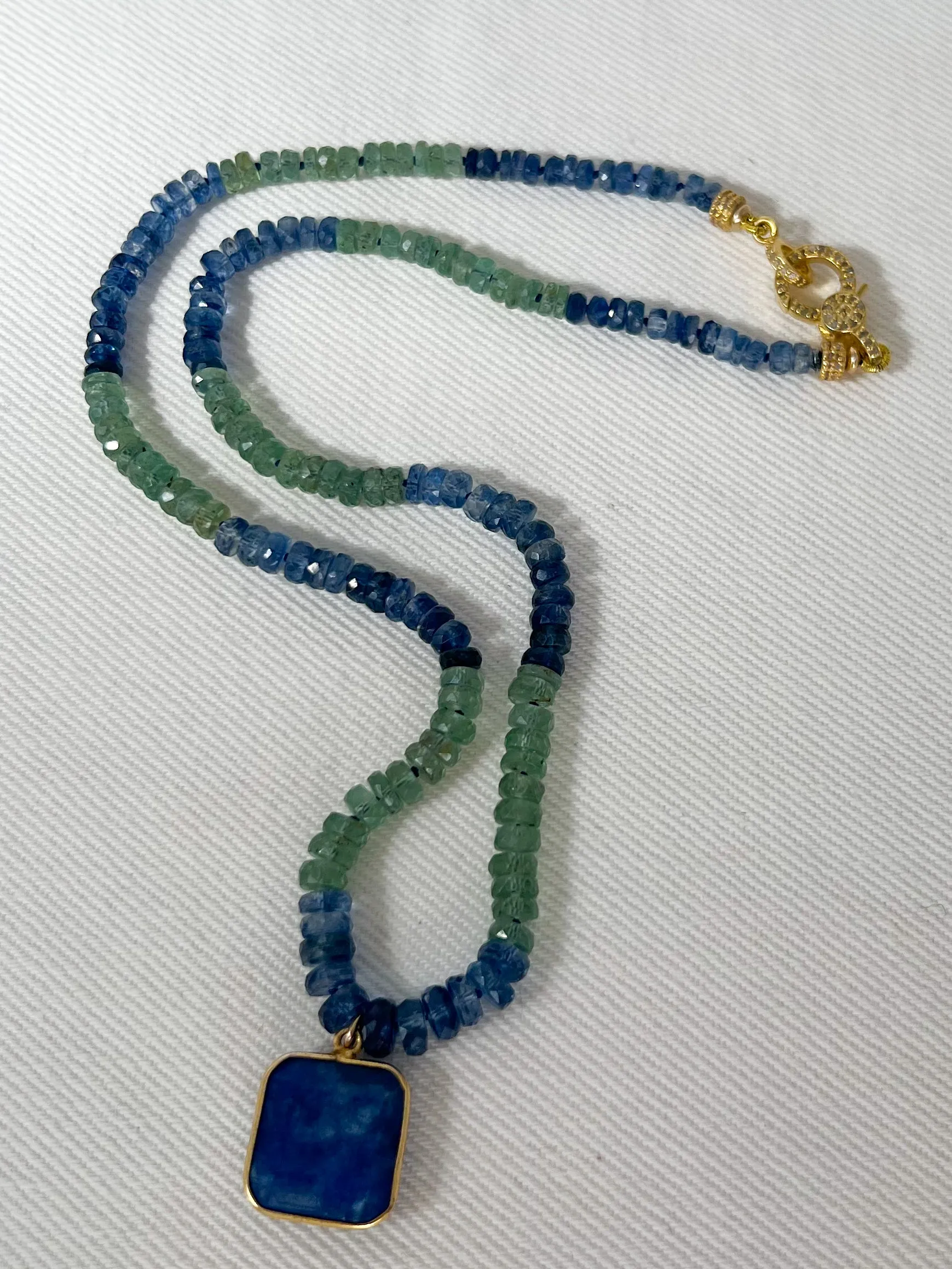 Blue and Green Kyanite Necklace with Lapis Pendant