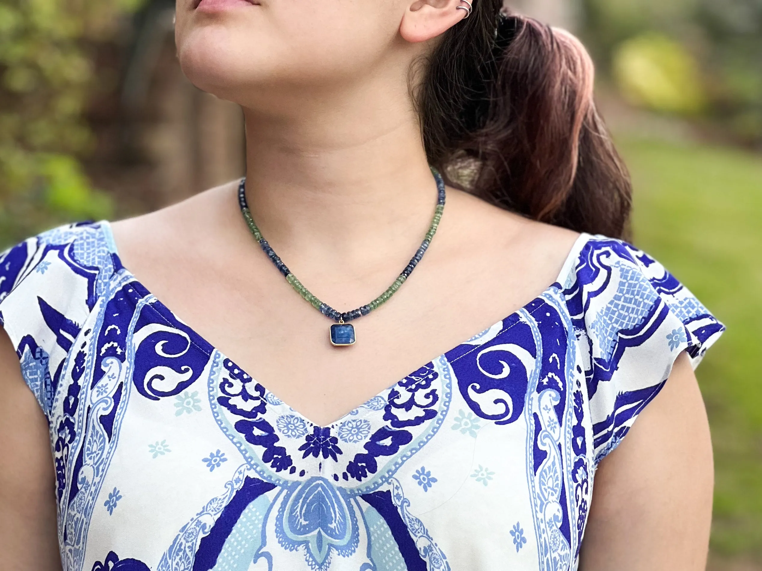 Blue and Green Kyanite Necklace with Lapis Pendant