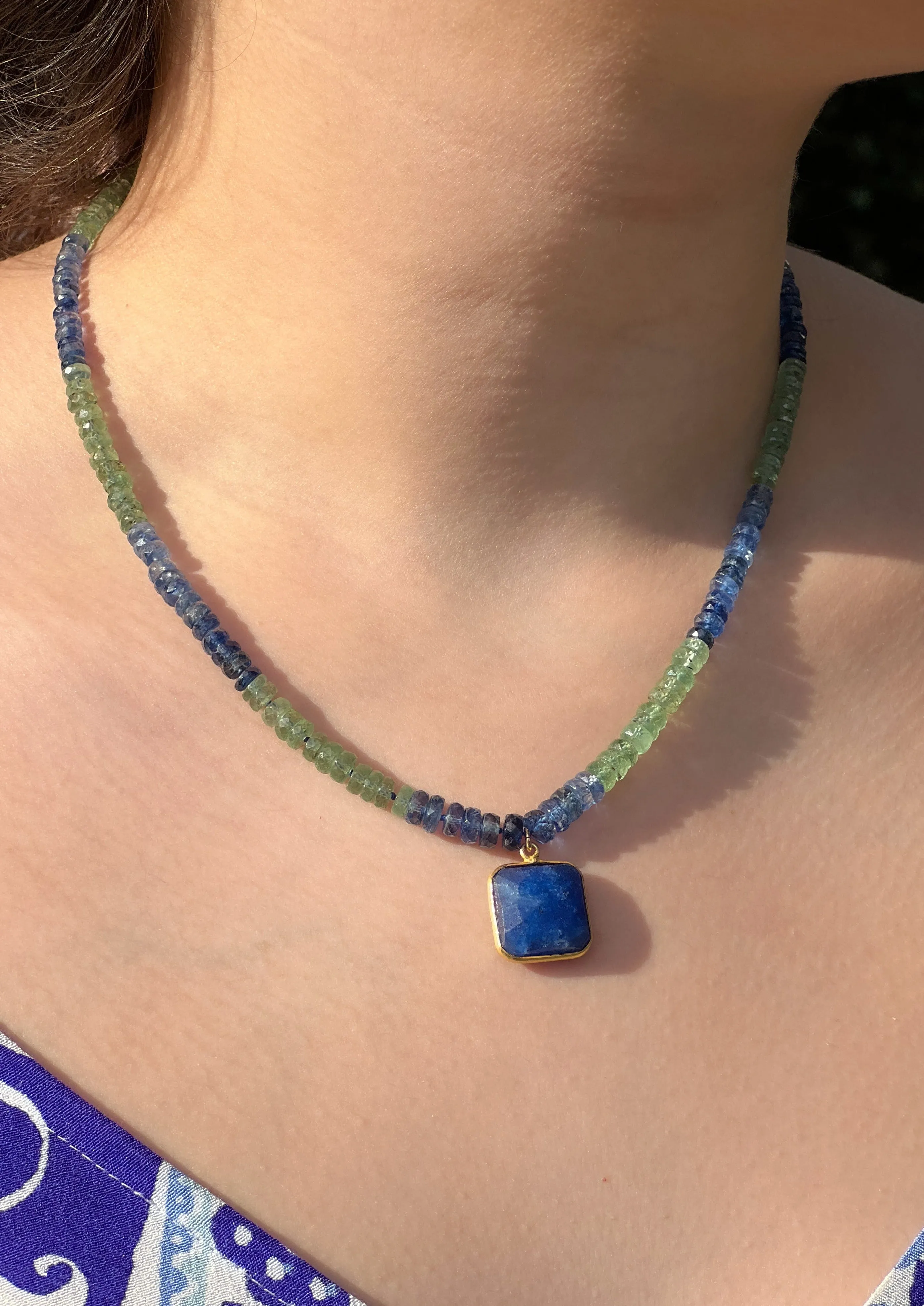 Blue and Green Kyanite Necklace with Lapis Pendant