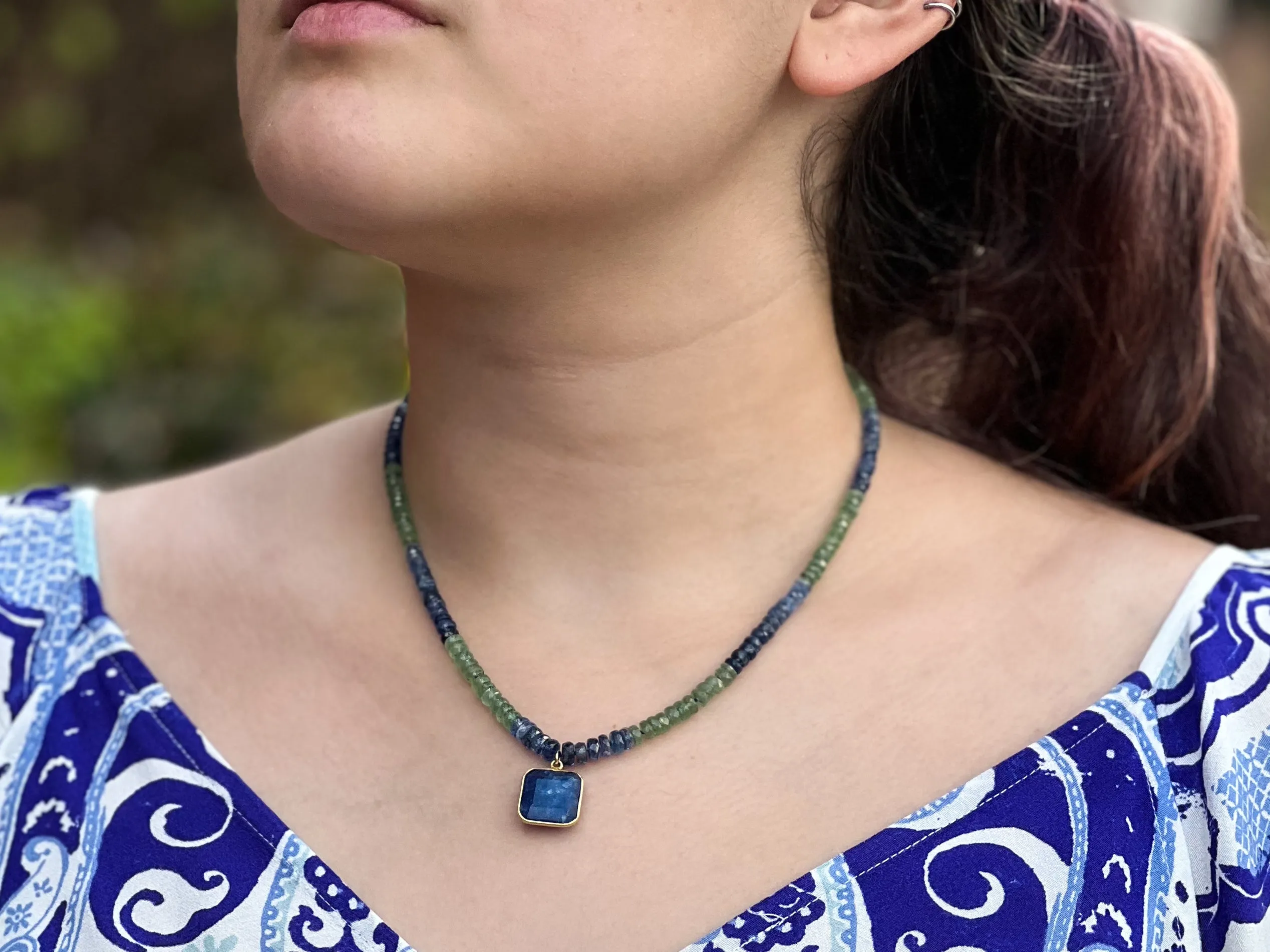 Blue and Green Kyanite Necklace with Lapis Pendant
