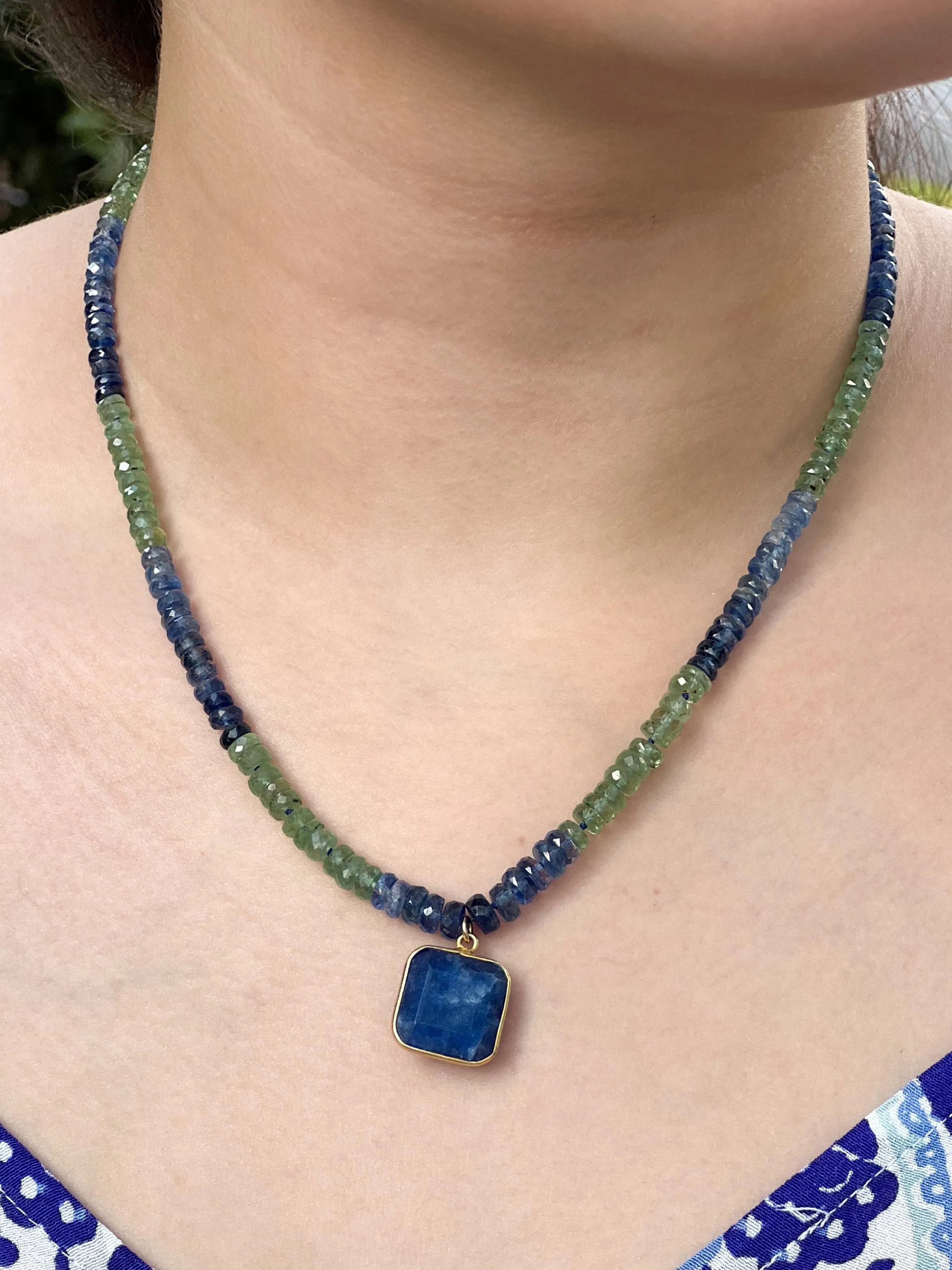 Blue and Green Kyanite Necklace with Lapis Pendant