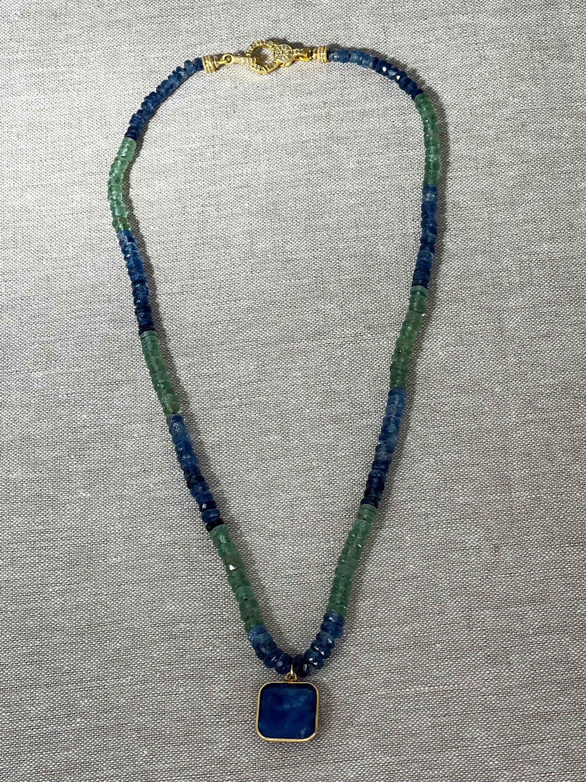 Blue and Green Kyanite Necklace with Lapis Pendant