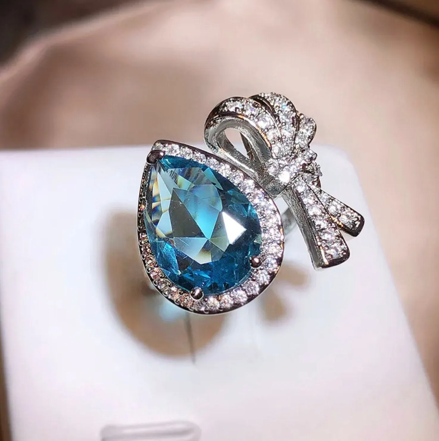 Blue Diamond Ring | Womens Ribbon Ring |  Big Blue Diamond Ring | Blue Gemstone Ring | Womens Diamond Bow Ring | Diamond Ribbon Ring