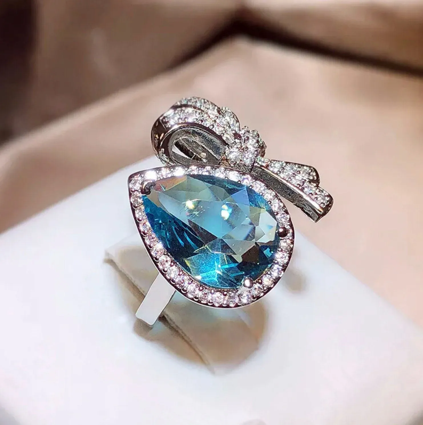 Blue Diamond Ring | Womens Ribbon Ring |  Big Blue Diamond Ring | Blue Gemstone Ring | Womens Diamond Bow Ring | Diamond Ribbon Ring
