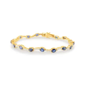 Blue Sapphire Oval & Diamond Rd. Bracelet In 18K Yellow Gold
