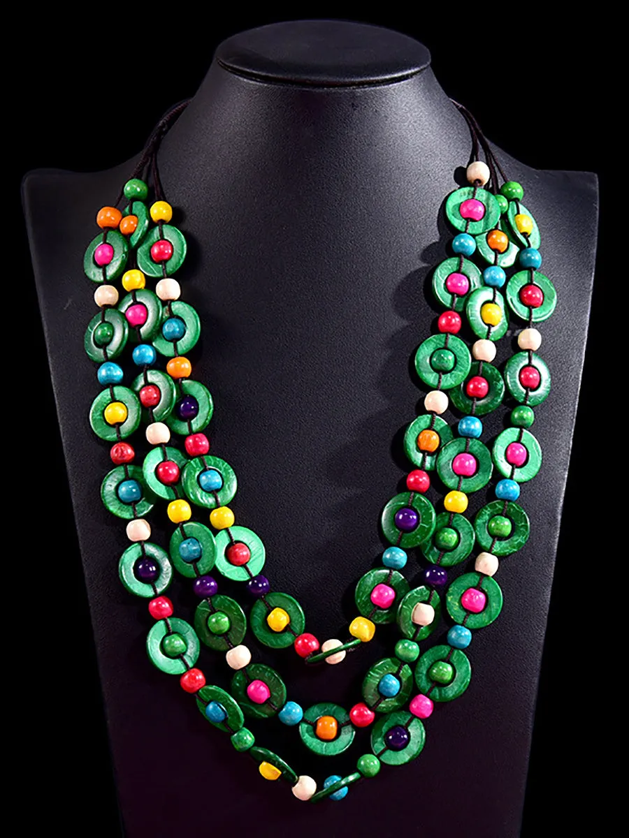 Bohemia Wooden Bead Weave Multilayer Necklace