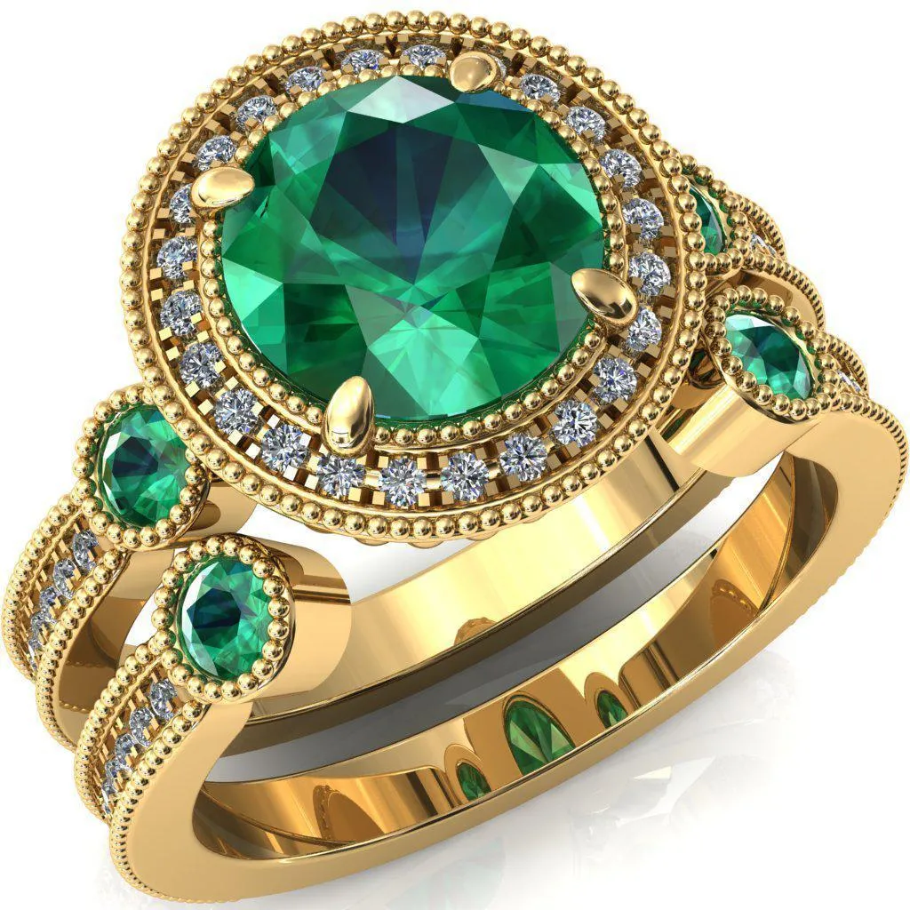 Brachium Round Emerald Bezel Milgrain Halo 3/4 Eternity Accent Diamond Ring