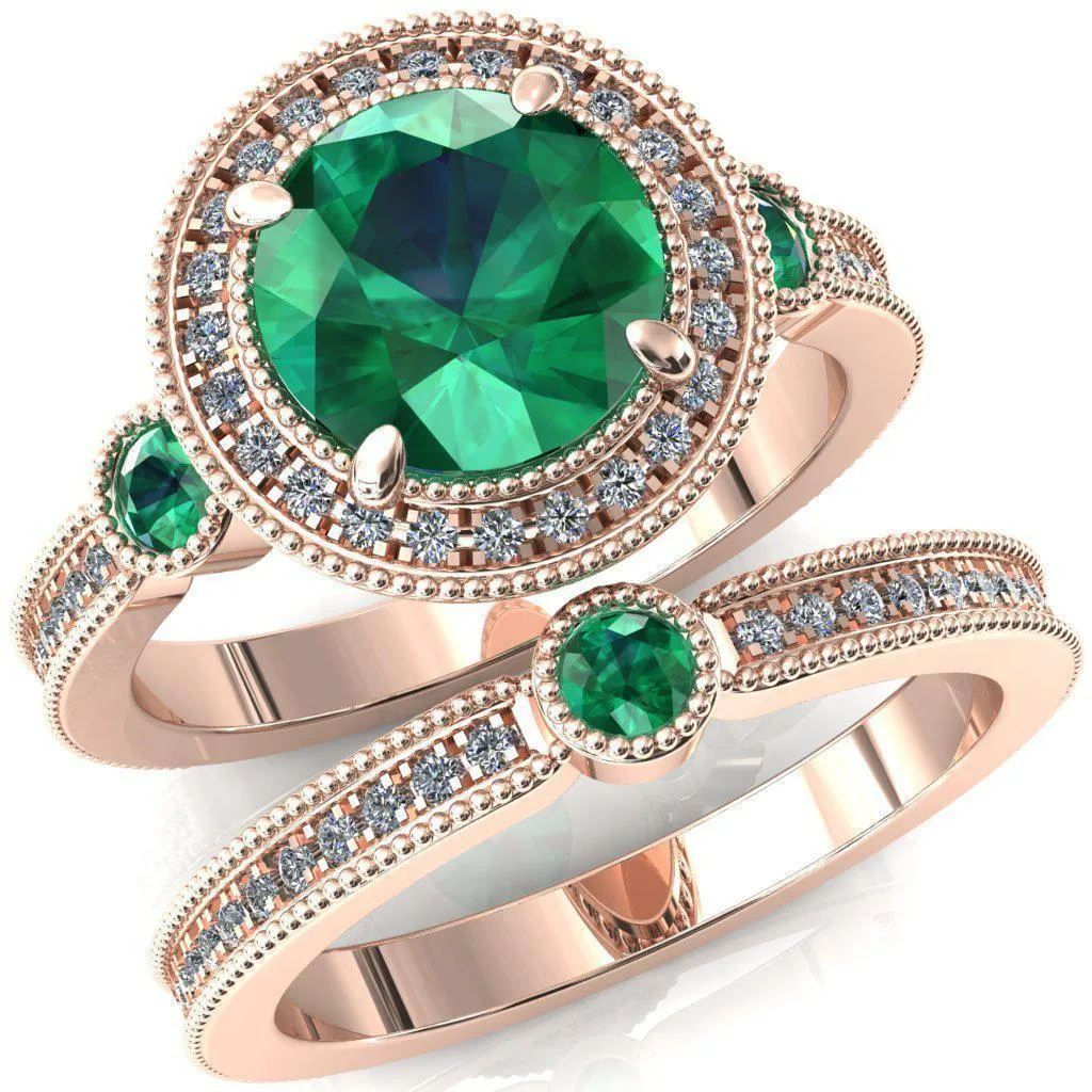 Brachium Round Emerald Bezel Milgrain Halo 3/4 Eternity Accent Diamond Ring