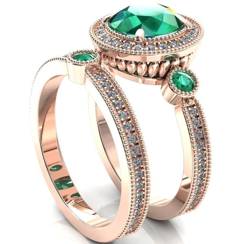 Brachium Round Emerald Bezel Milgrain Halo 3/4 Eternity Accent Diamond Ring
