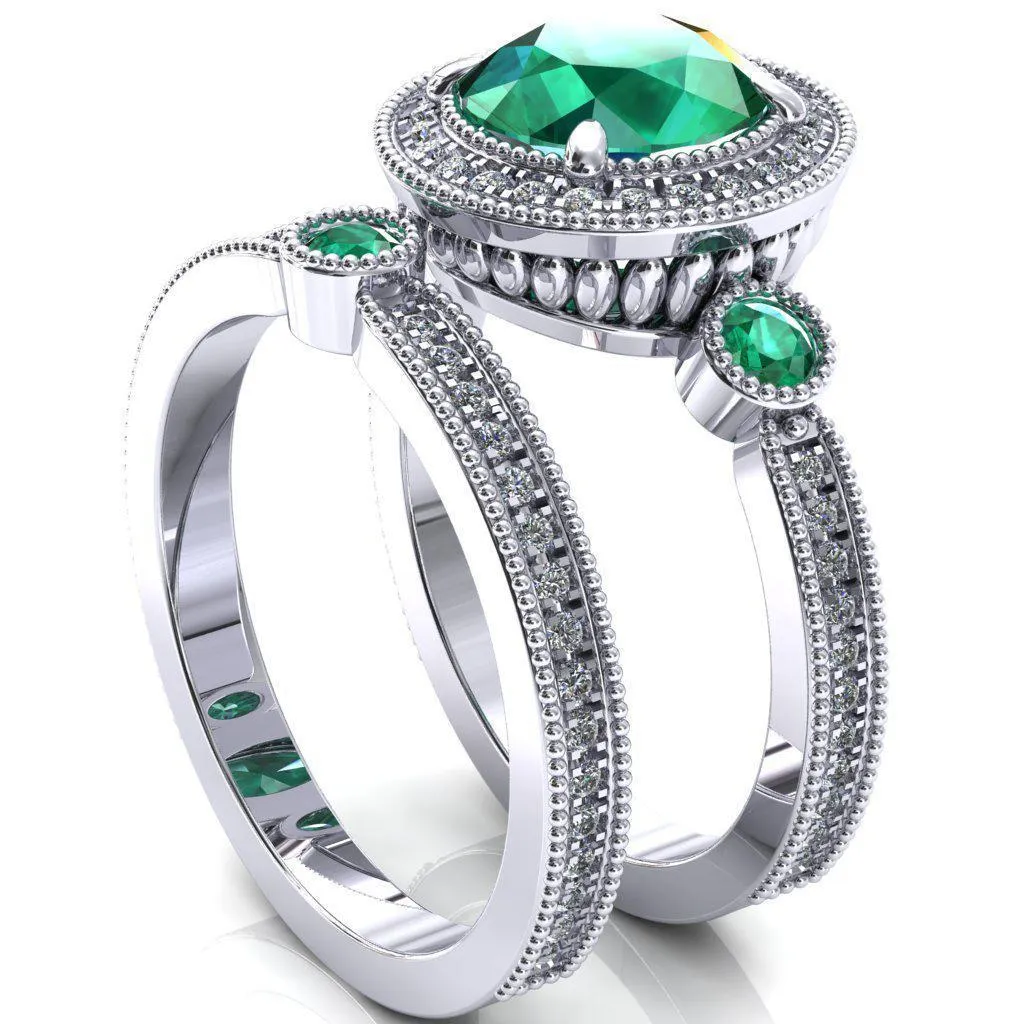 Brachium Round Emerald Bezel Milgrain Halo 3/4 Eternity Accent Diamond Ring