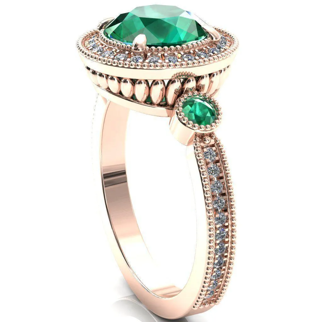 Brachium Round Emerald Bezel Milgrain Halo 3/4 Eternity Accent Diamond Ring