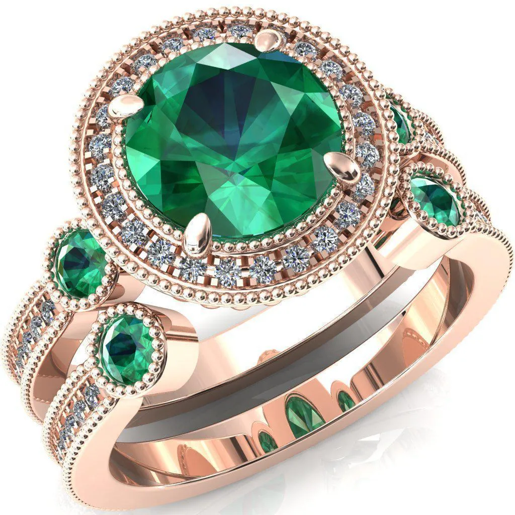 Brachium Round Emerald Bezel Milgrain Halo 3/4 Eternity Accent Diamond Ring