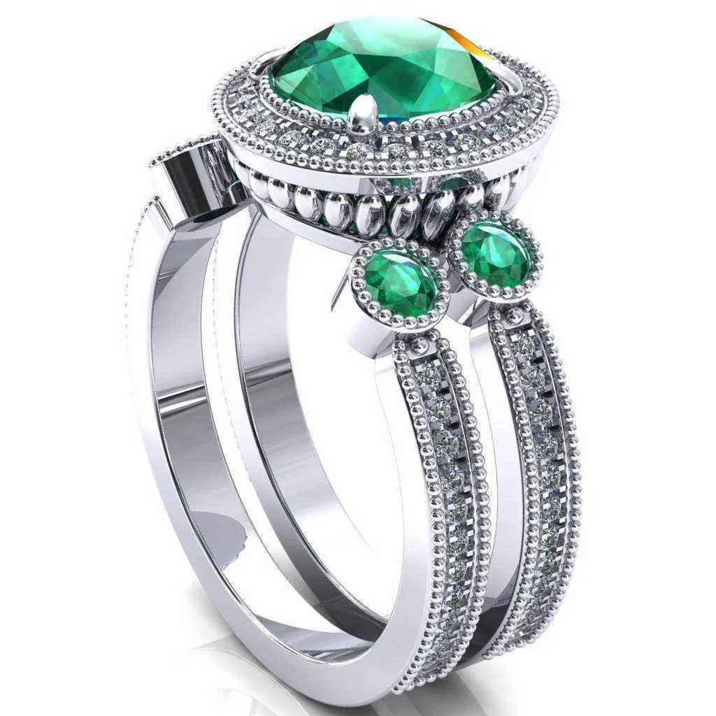 Brachium Round Emerald Bezel Milgrain Halo 3/4 Eternity Accent Diamond Ring