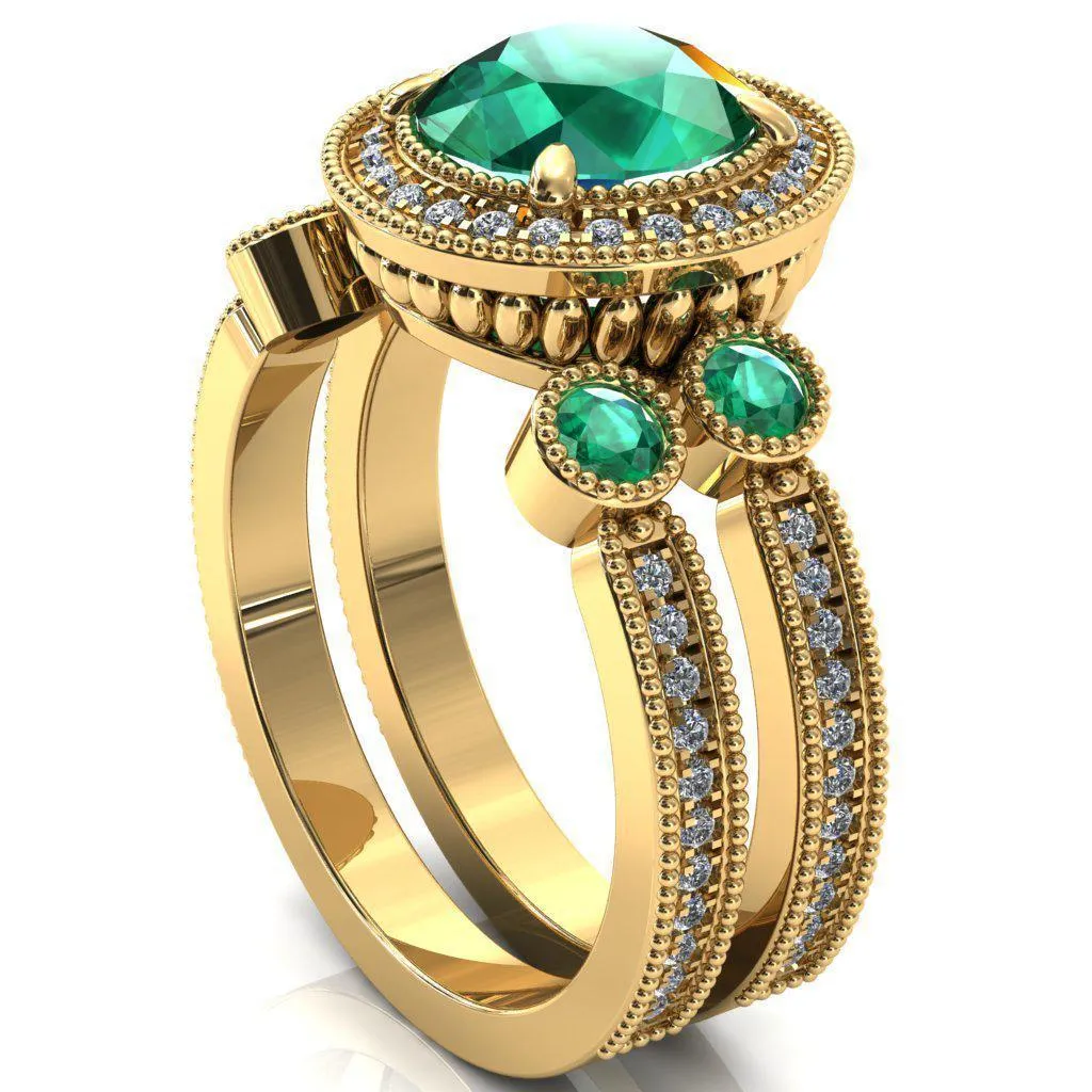 Brachium Round Emerald Bezel Milgrain Halo 3/4 Eternity Accent Diamond Ring