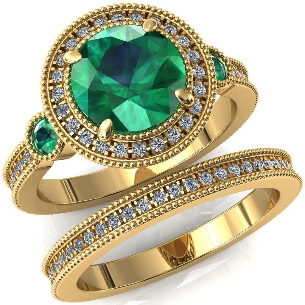 Brachium Round Emerald Bezel Milgrain Halo 3/4 Eternity Accent Diamond Ring