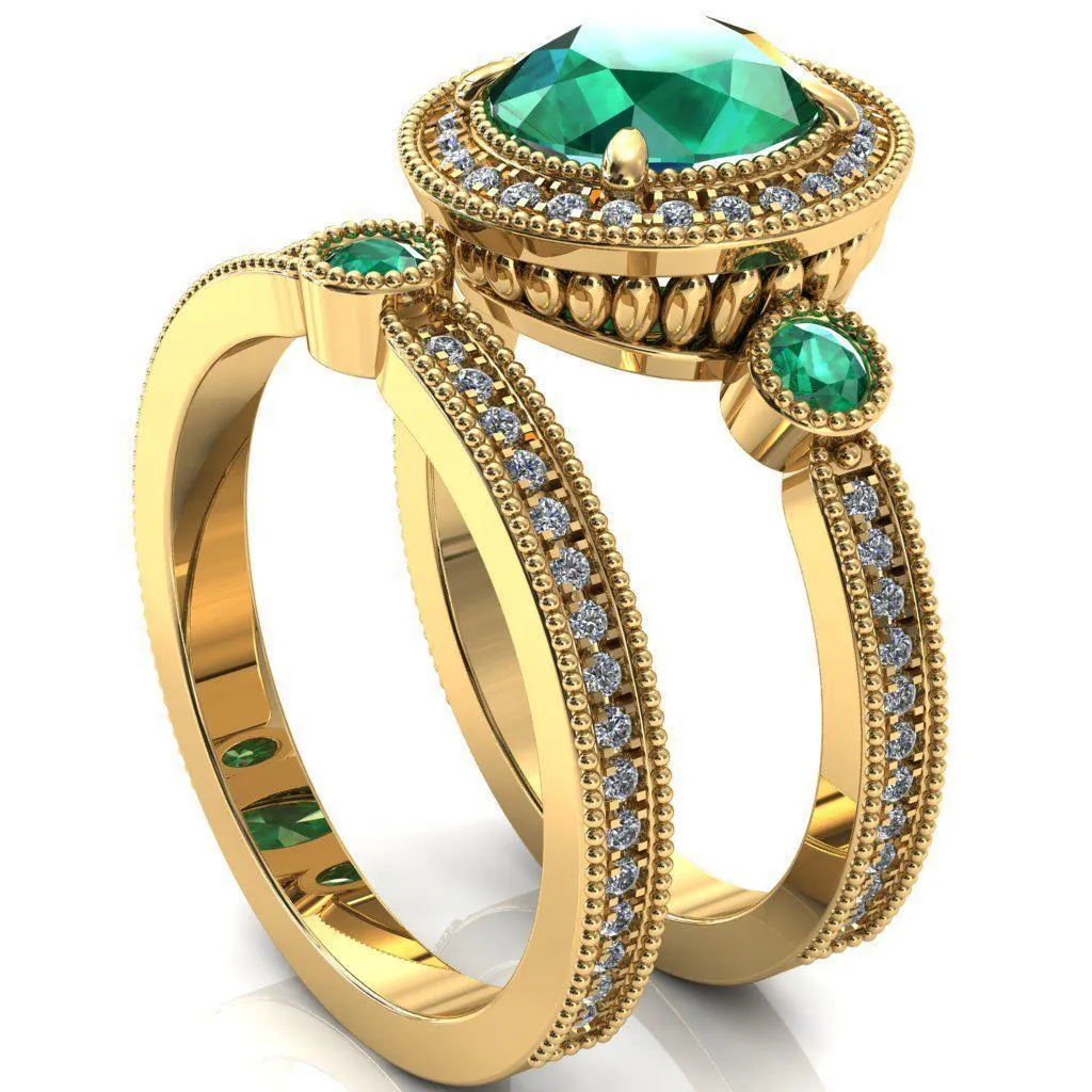 Brachium Round Emerald Bezel Milgrain Halo 3/4 Eternity Accent Diamond Ring