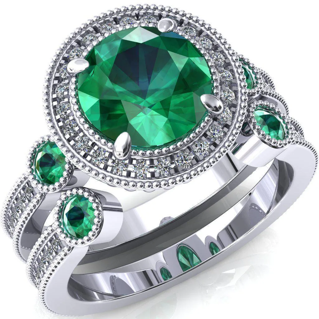 Brachium Round Emerald Bezel Milgrain Halo 3/4 Eternity Accent Diamond Ring