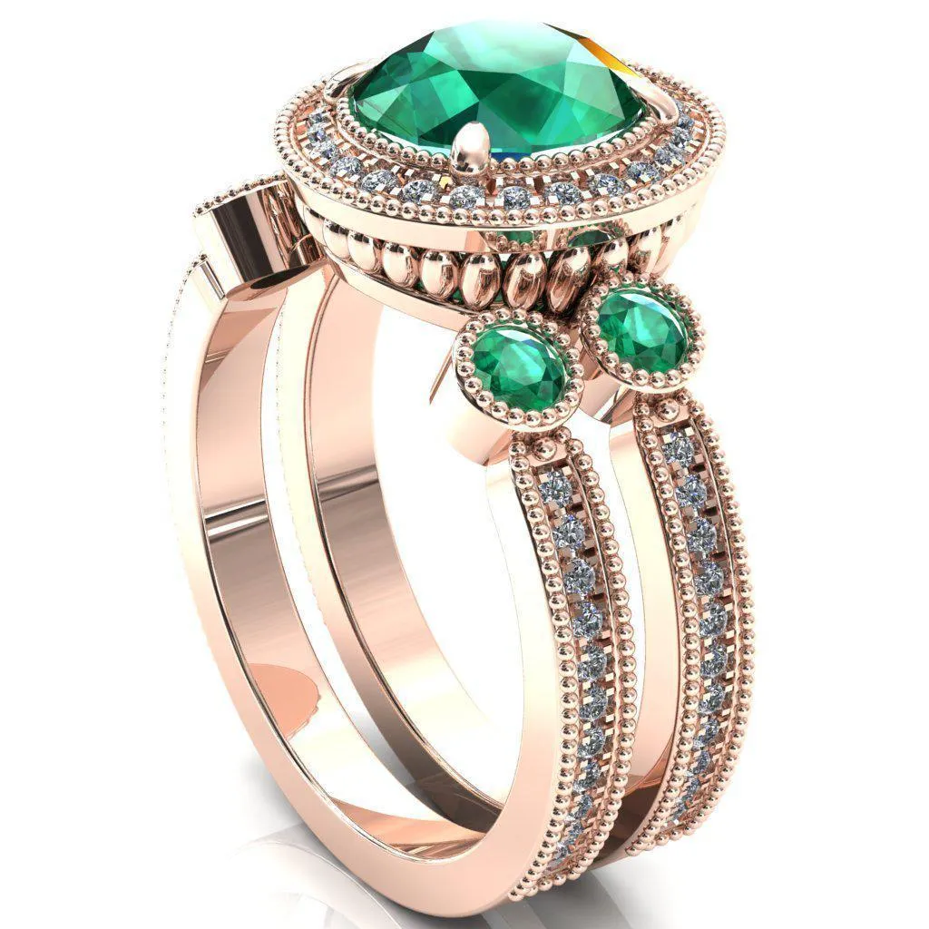 Brachium Round Emerald Bezel Milgrain Halo 3/4 Eternity Accent Diamond Ring