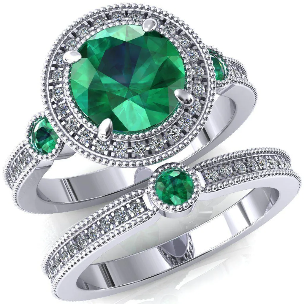 Brachium Round Emerald Bezel Milgrain Halo 3/4 Eternity Accent Diamond Ring