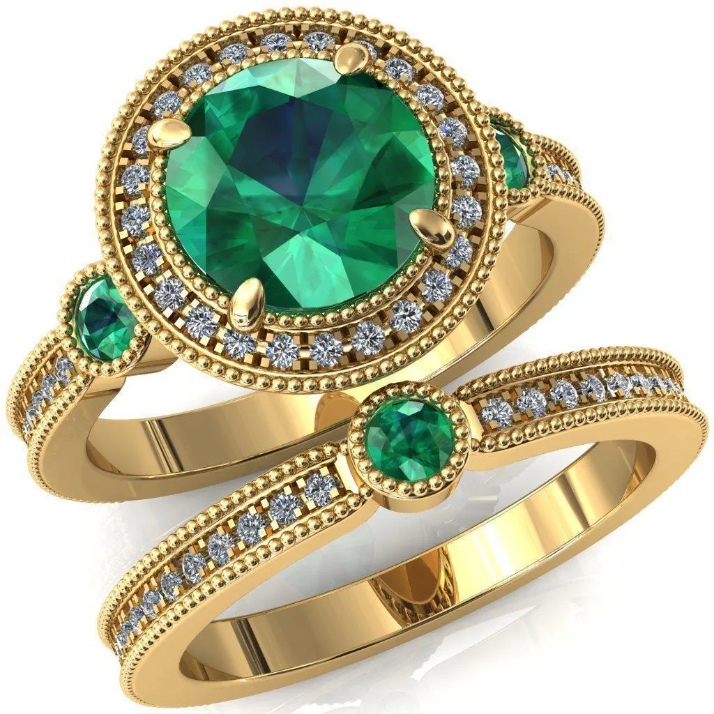 Brachium Round Emerald Bezel Milgrain Halo 3/4 Eternity Accent Diamond Ring