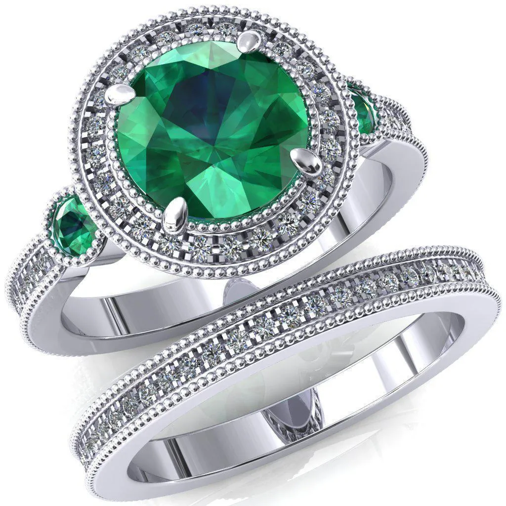 Brachium Round Emerald Bezel Milgrain Halo 3/4 Eternity Accent Diamond Ring