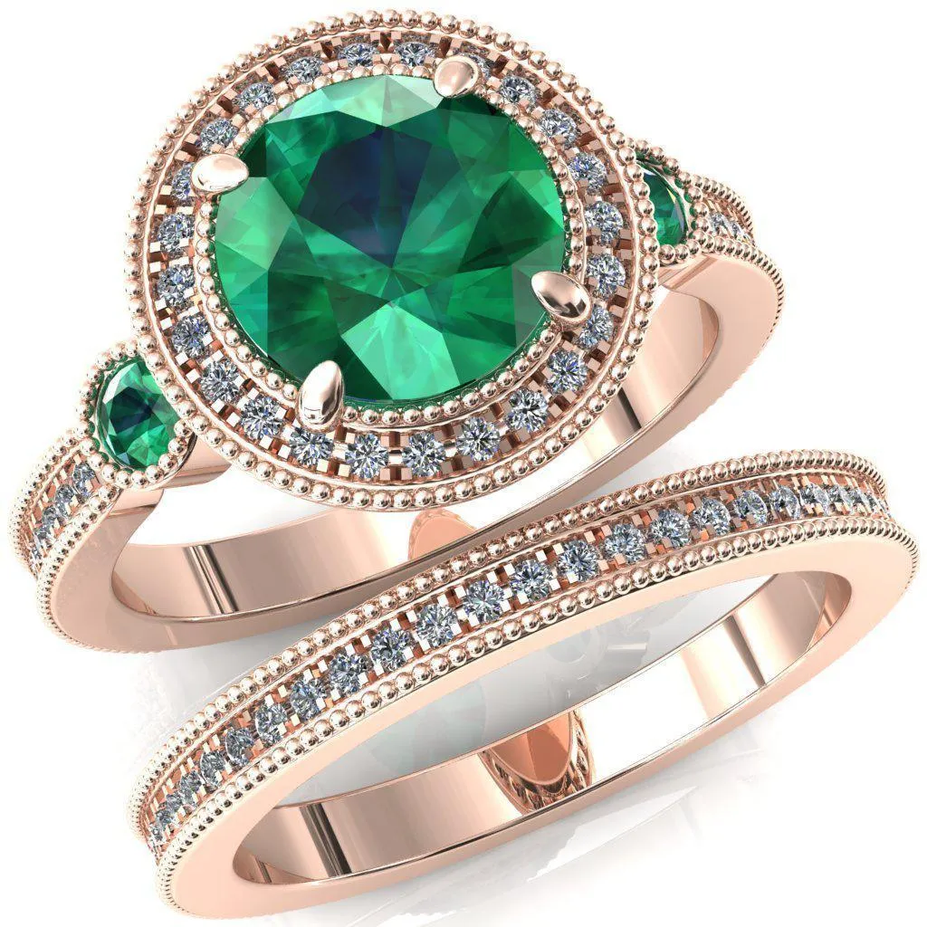 Brachium Round Emerald Bezel Milgrain Halo 3/4 Eternity Accent Diamond Ring
