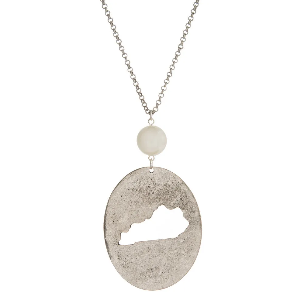 Burnished Silver Tone Long Necklace With A Kentucky Cutout