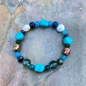 Carved Buddha with Chrysocolla, Turquoise, Blue Sapphire,  Florite Gemstone Bracelet