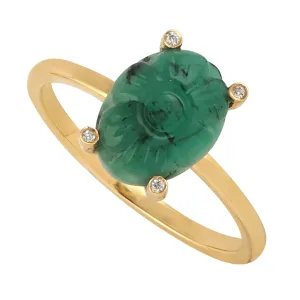 Carved Emerald Diamond Prong Set Designer Ring In 18k Yellow Gold