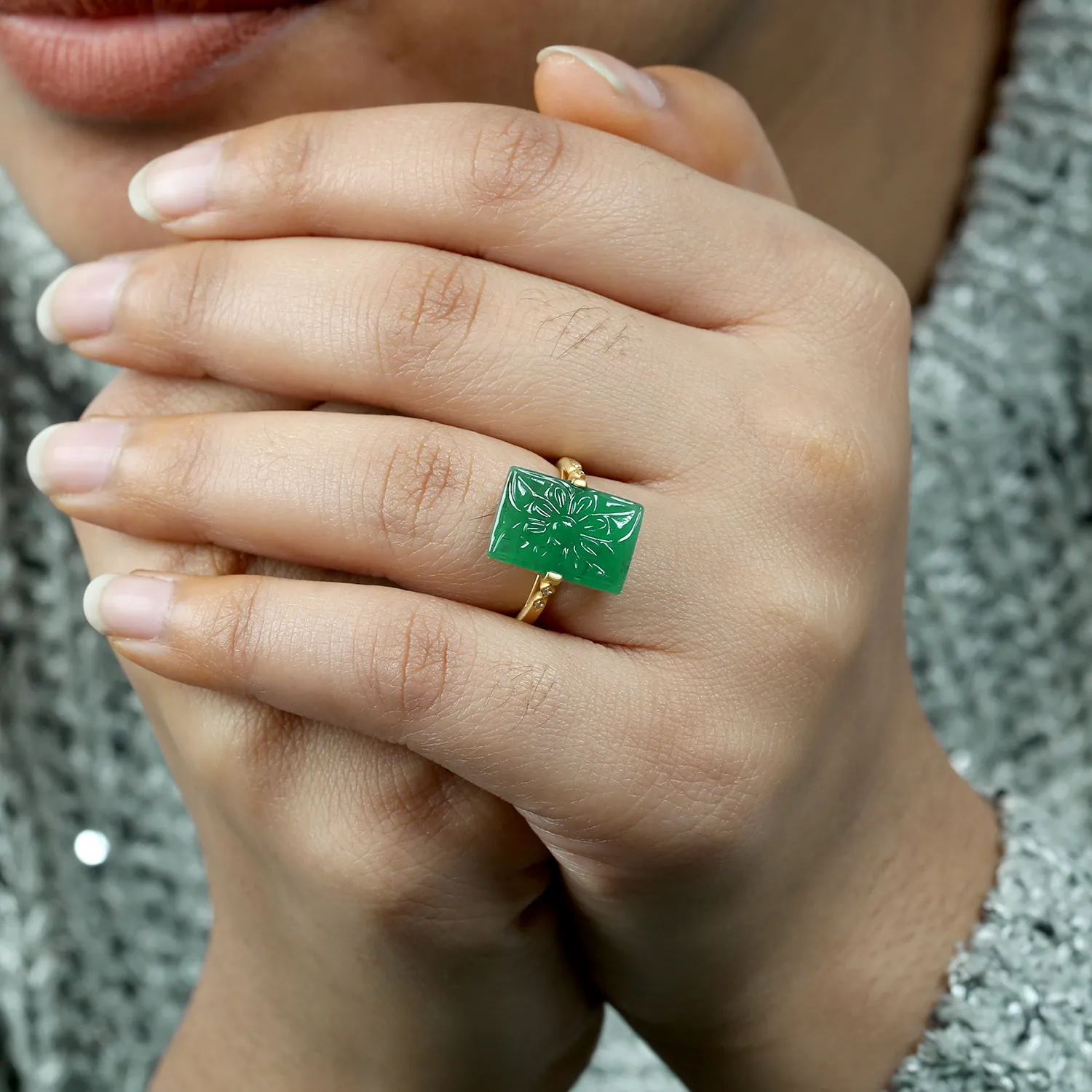 Carved Emerald Pave Diamond Designer Ring In 18k yellow Gold
