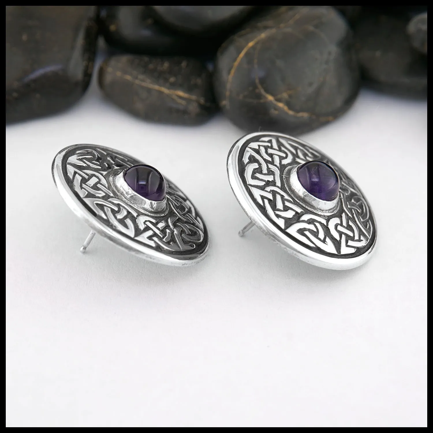 Celtic Wheel of Life Post Earrings with Amethyst in Silver