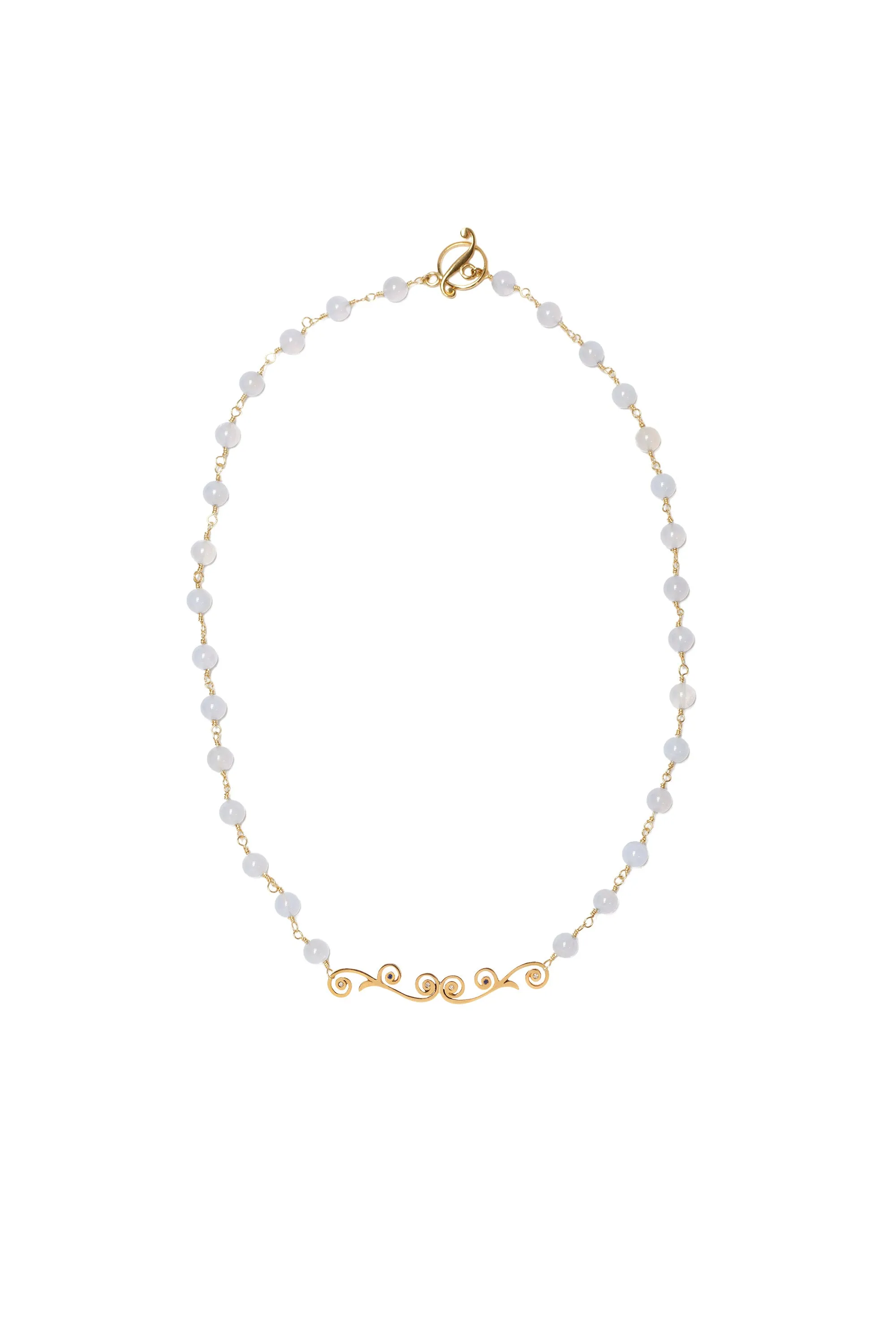 Chalcedony Bead Necklace with 22k Gold Tendril Pendant Accented with Diamond and Royal Blue Sapphire Melee