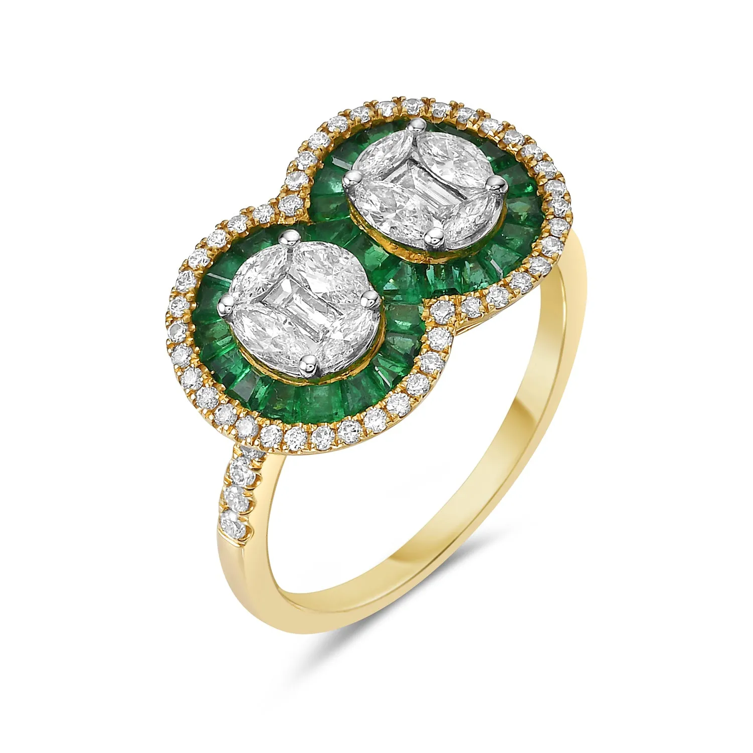 Channel Set Emerald Baguette Diamond Designer In Yellow Gold Handmade Ring
