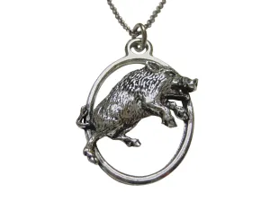 Charging Wild Boar Hog Large Oval Pendant Necklace