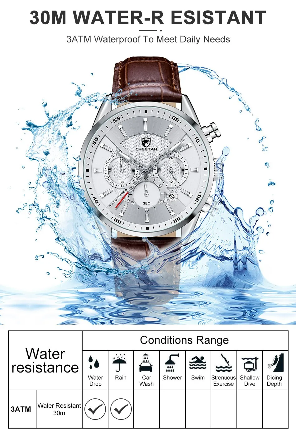 CHEETAH Watches Luxury Dress Watch Chronograph Waterproof Wristwatch Leather Strap