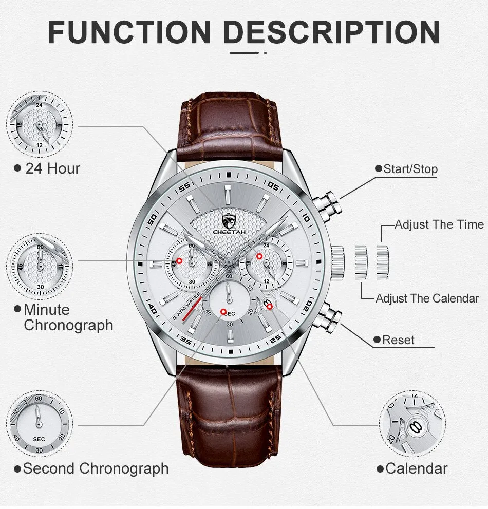 CHEETAH Watches Luxury Dress Watch Chronograph Waterproof Wristwatch Leather Strap