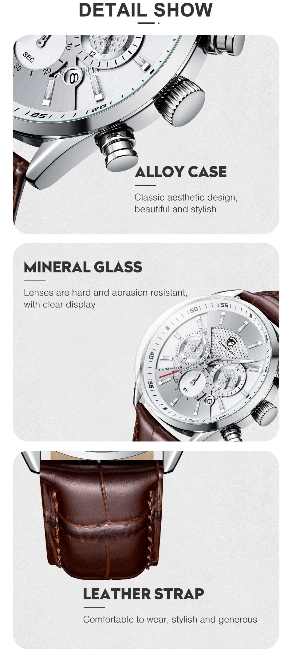 CHEETAH Watches Luxury Dress Watch Chronograph Waterproof Wristwatch Leather Strap