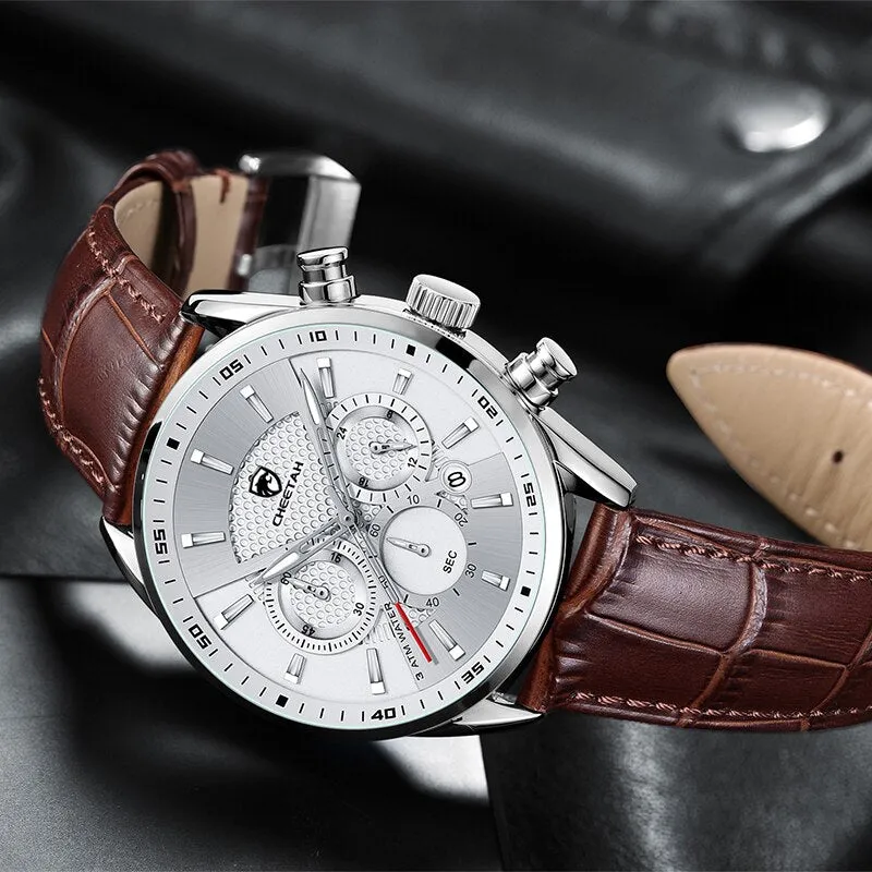 CHEETAH Watches Luxury Dress Watch Chronograph Waterproof Wristwatch Leather Strap