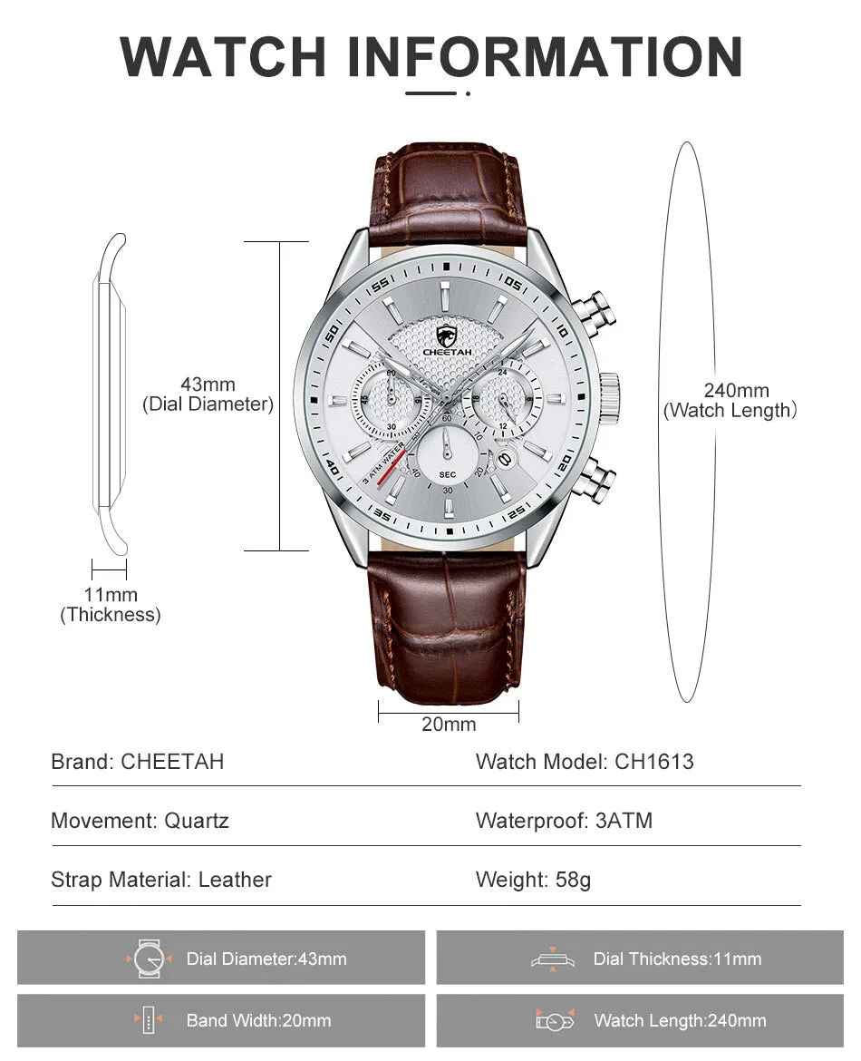 CHEETAH Watches Luxury Dress Watch Chronograph Waterproof Wristwatch Leather Strap