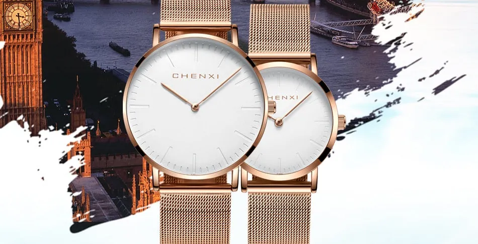 CHENXI Brand Fashion Lovers Wristwatches Women Dress Watches Women Quartz-Watch Men Casual Mesh Strap Ultra Thin Clock Watches