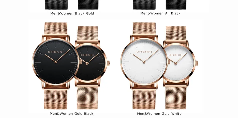 CHENXI Brand Fashion Lovers Wristwatches Women Dress Watches Women Quartz-Watch Men Casual Mesh Strap Ultra Thin Clock Watches
