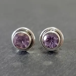 Chic Round Facetted Amethyst Studs Earrings, 925 Sterling Silver, S16AF