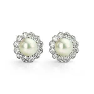 Cultured Pearl and Diamond Cluster Earrings