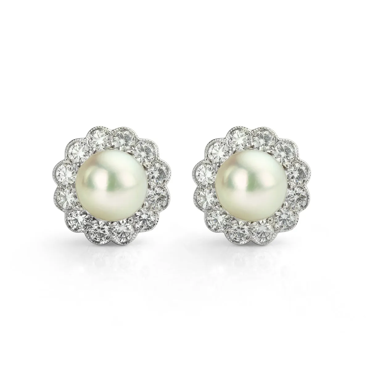 Cultured Pearl and Diamond Cluster Earrings