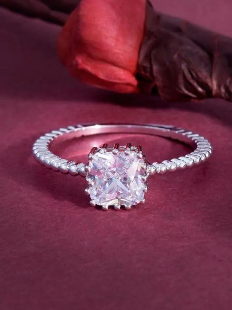 Cushion Cut Moissanite Engagement Ring White Gold Solitaire Diamond Stacking Ring Promise Wedding Anniversary Gift For Women