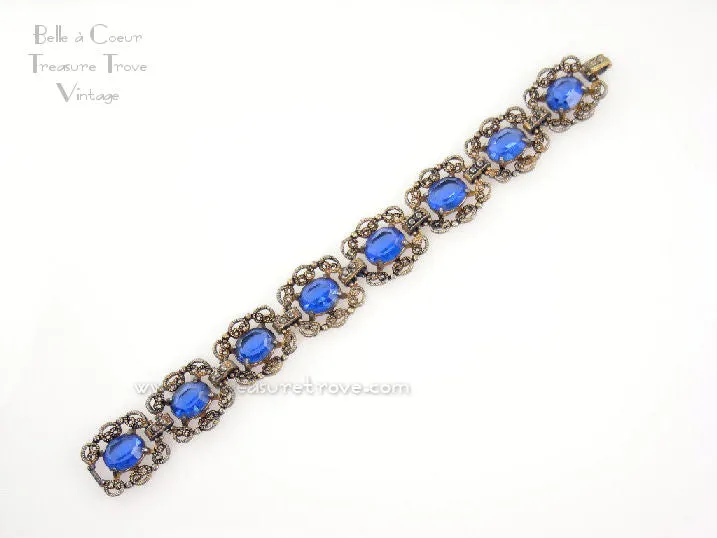 Czech Filigree Vintage Bracelet with Sapphire Blue Glass Stones