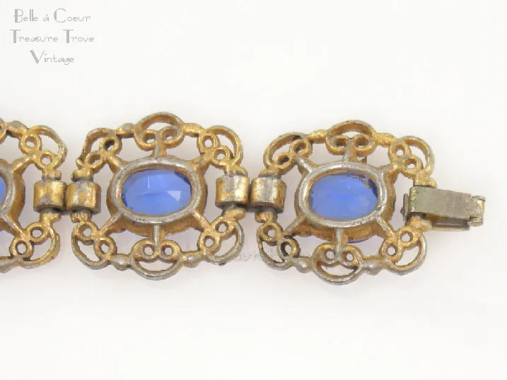 Czech Filigree Vintage Bracelet with Sapphire Blue Glass Stones