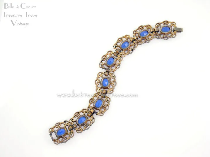 Czech Filigree Vintage Bracelet with Sapphire Blue Glass Stones