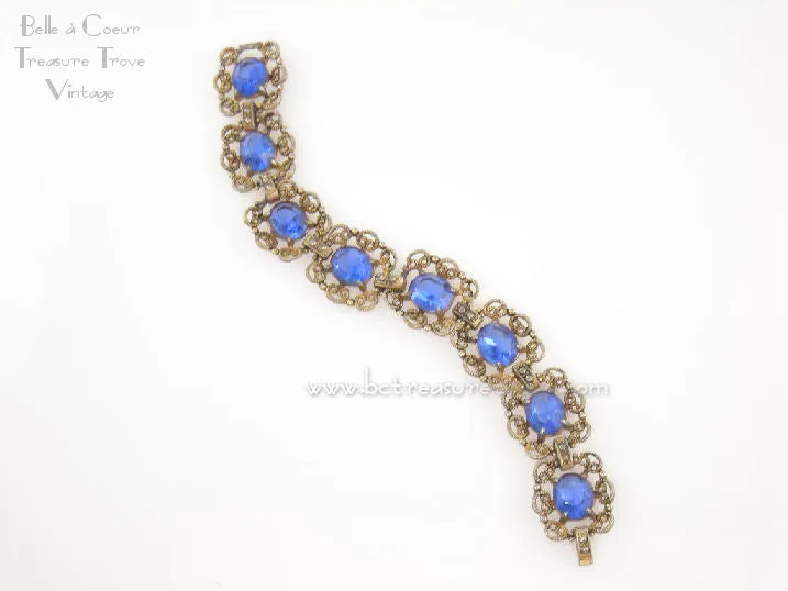 Czech Filigree Vintage Bracelet with Sapphire Blue Glass Stones