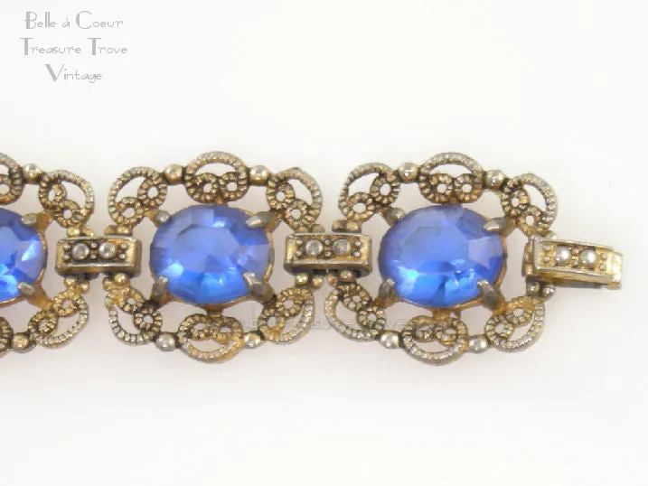 Czech Filigree Vintage Bracelet with Sapphire Blue Glass Stones